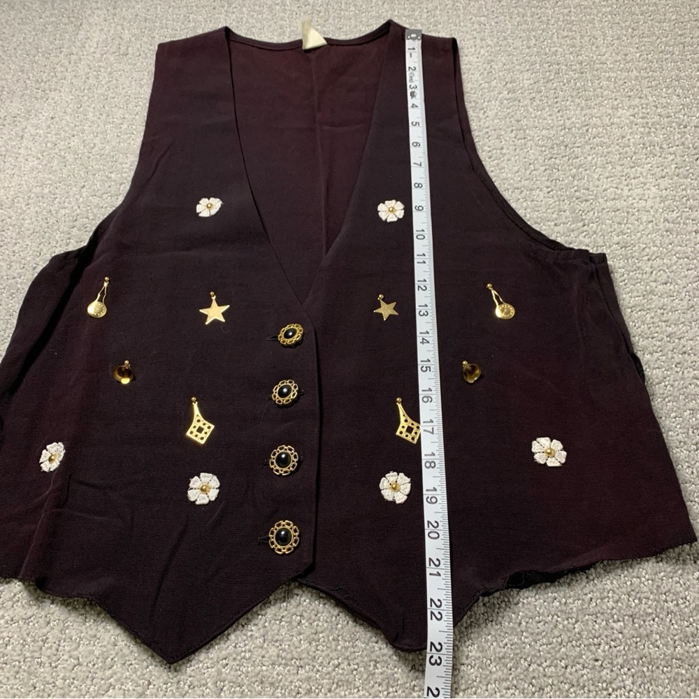 Vintage Brown Deep V Vest W/ Gold Charms Bells, Fits Large Women 4 Button - Picture 11 of 11